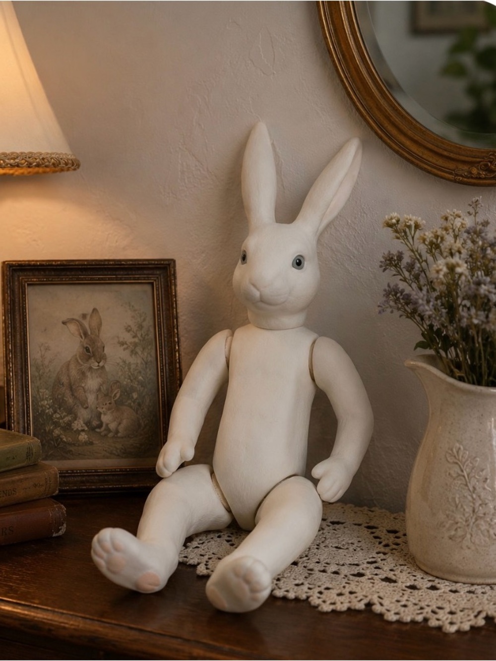Ceramic bisque articulated rabbit doll with grey glass eyes - Picture 3 of 7